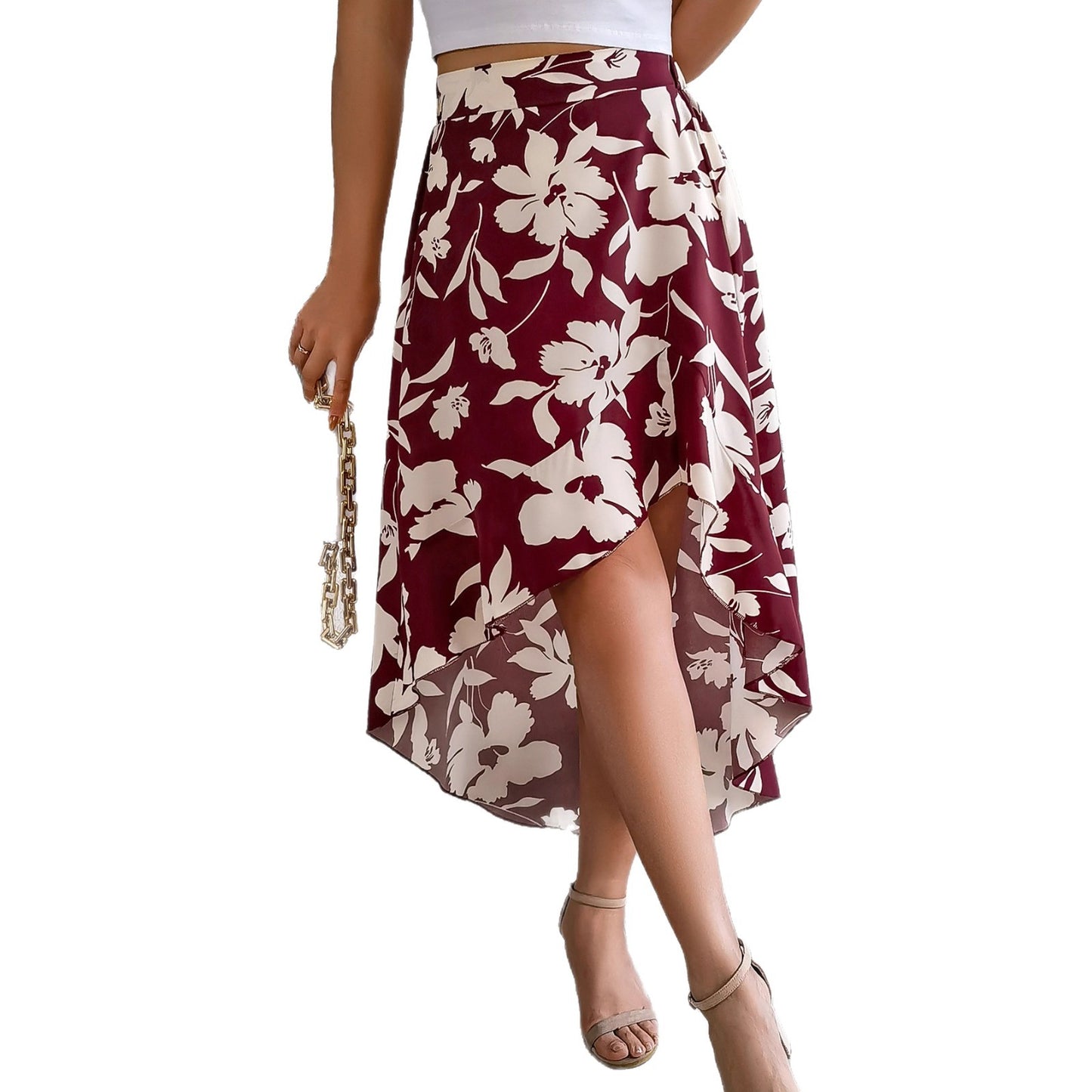 Elegant Flower Ruffled Mid-length Asymmetrical Skirt Women's Wear