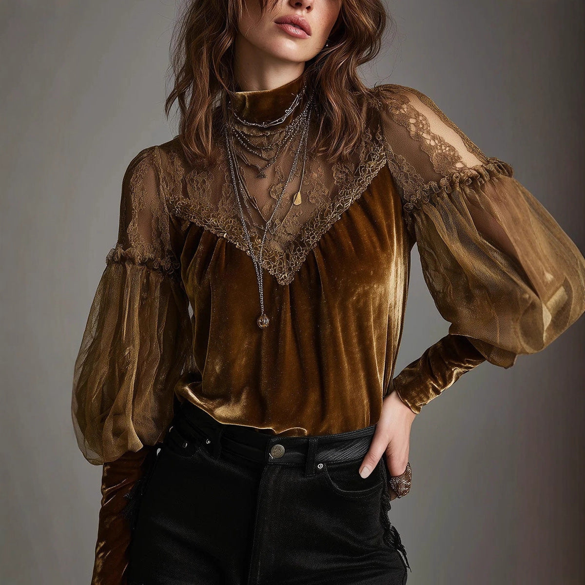 Womens Chic Versatile Half-turtleneck Mesh Top