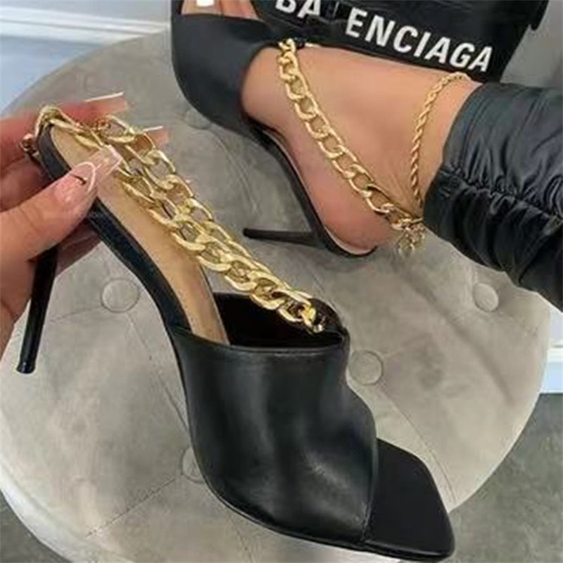 Metal Chain Square Toe High-heeled Stiletto Heel