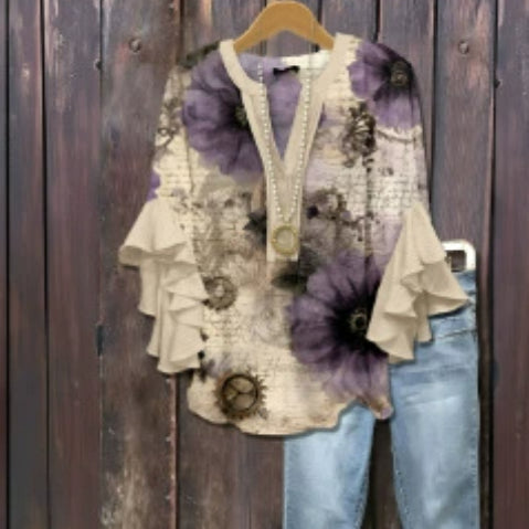New Printed European And American Leisure Collar Lotus Edge Loose Women's Wear T-Shirt