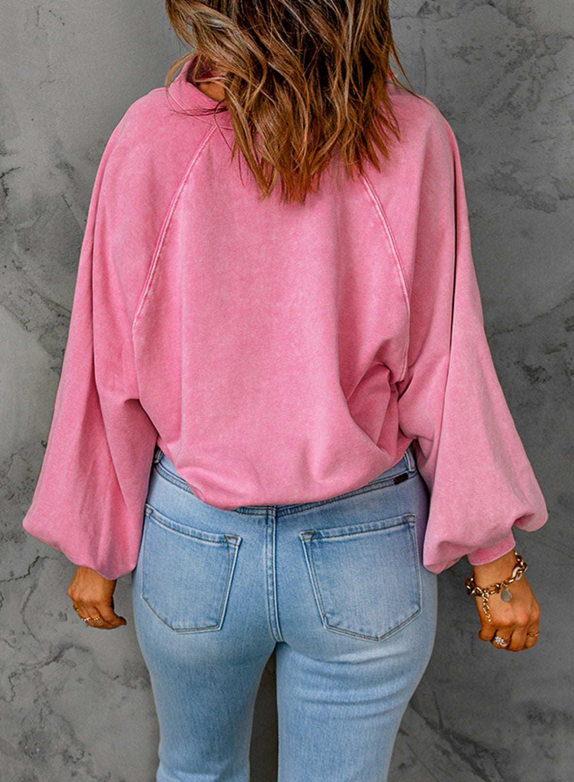 Long-sleeve Blue-dyed V-neck Pullover Sweatshirt