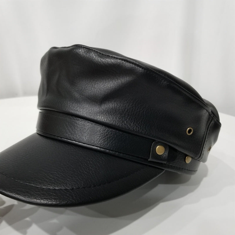 Women's Autumn And Winter Flat Top Leather Peaked Octagonal Hat