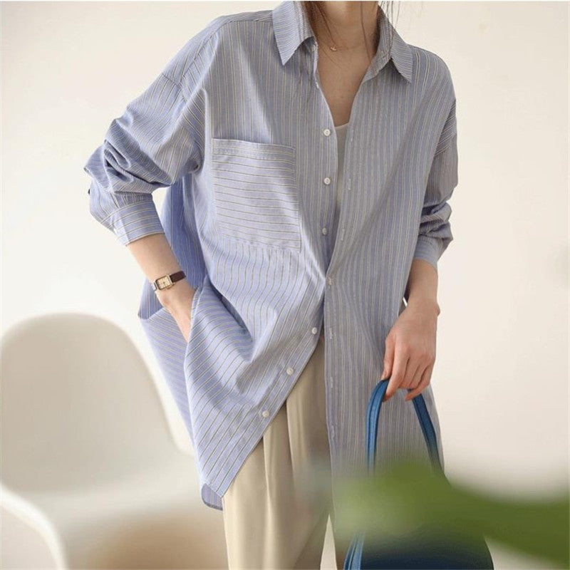 Commuter-striped Designer-style Niche Relaxed-fit Womens Shirt