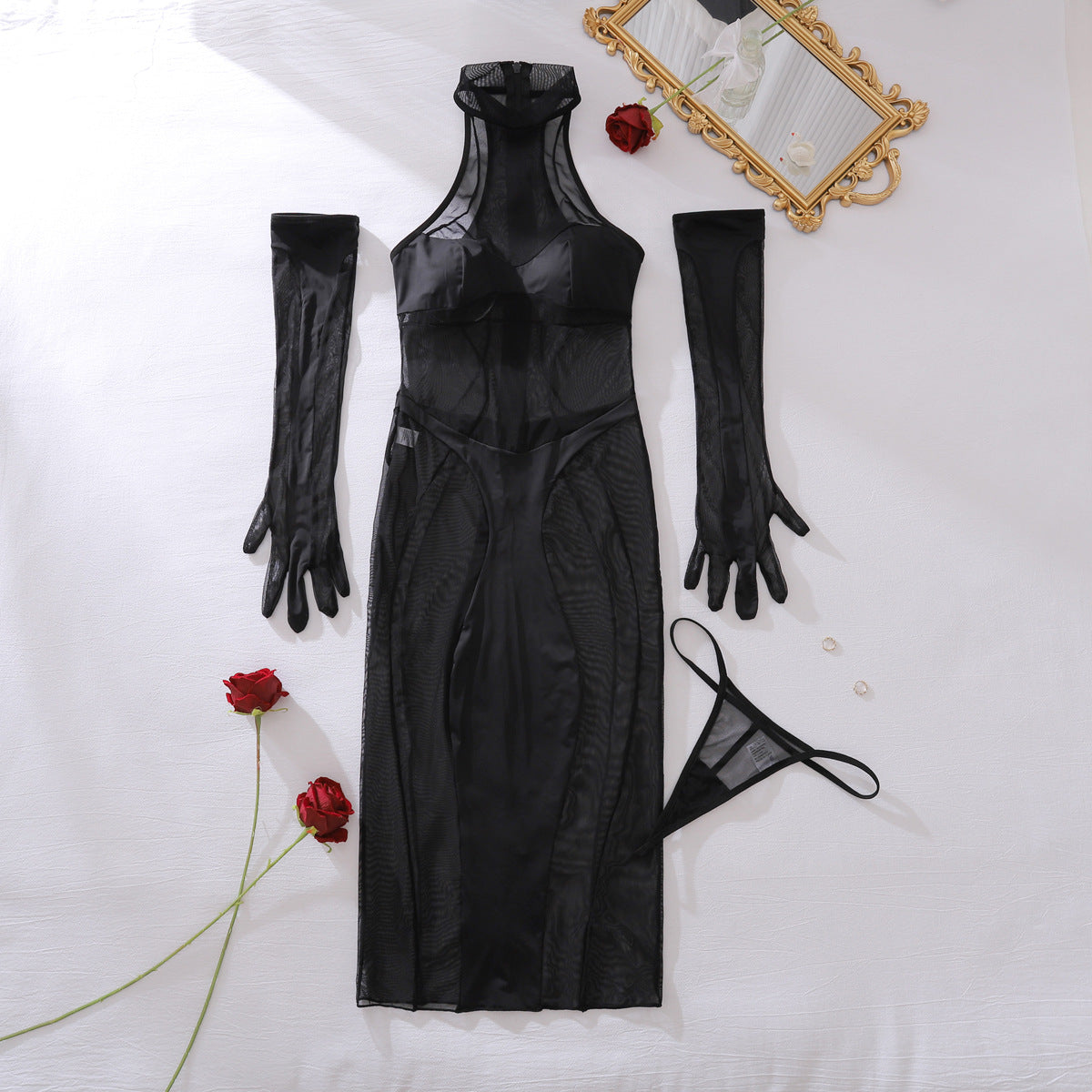 Womens Sexy Sheer Mesh Bodysuit Set