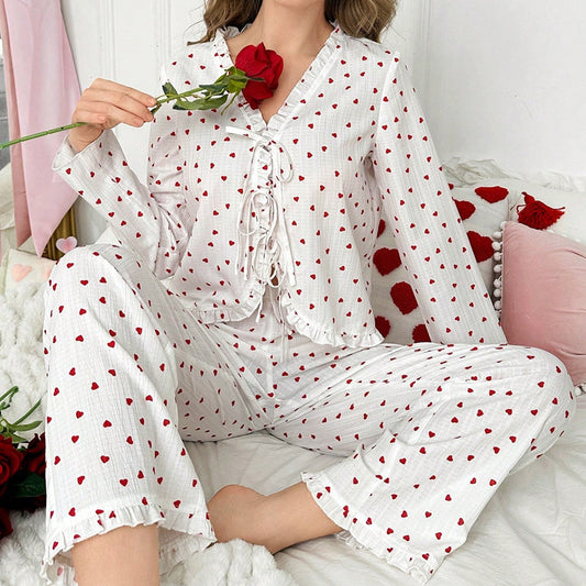 Sweet Heart-Print Pajama Set For Women