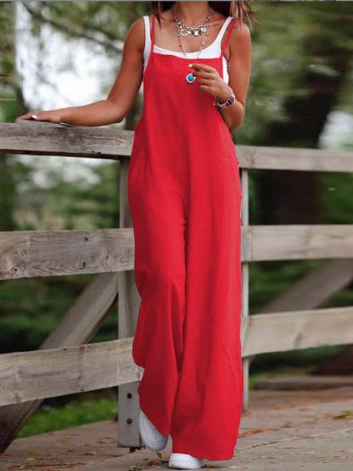 Fashion Casual Women's Pocket Cotton Linen Sleeveless Jumpsuit