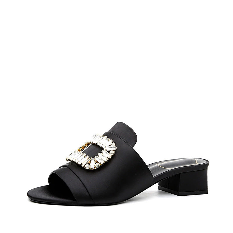 Women Sexy Open-toed Rhinestone Square Buckle Thick Heel Fashion Slippers
