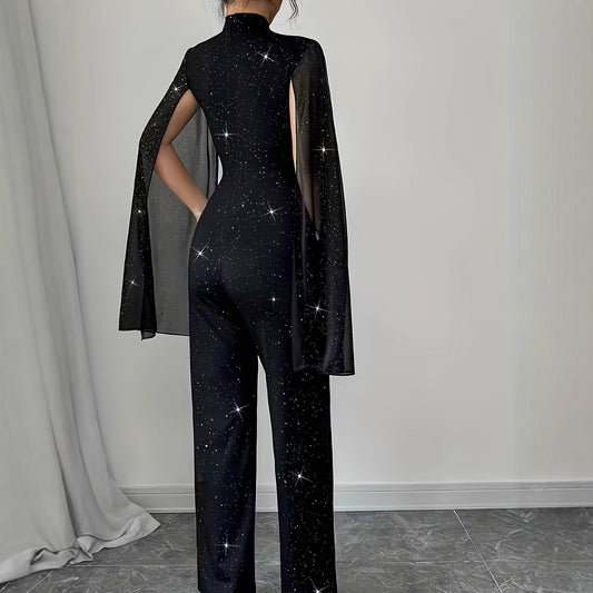 Rundhalset jumpsuit i chiffon med lygteærmer og patchwork