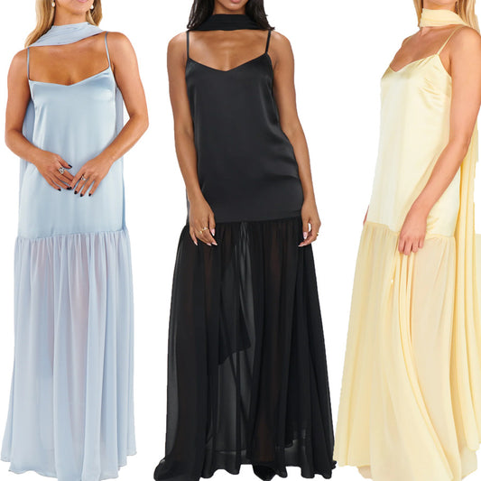 Solid-color Chiffon And Satin Patchwork Slip Dress