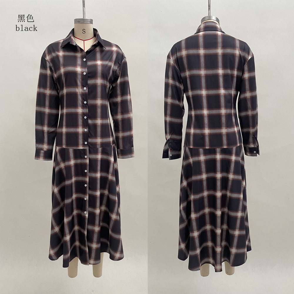 New Retro Chic Long-Sleeve Plaid Shirt Dress For Women