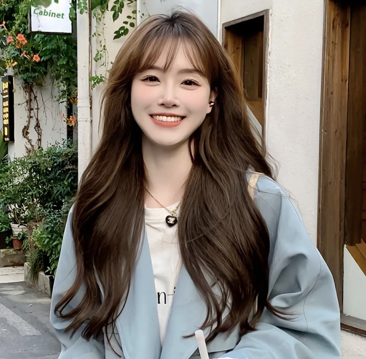 Women's Long Hair Full-head Wig Mid-length Fluffy Eight-character Bangs