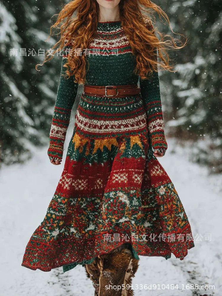 Retro Cable-Knit Long-Sleeve Womens Dress With A Crew Neck And Patchwork Design