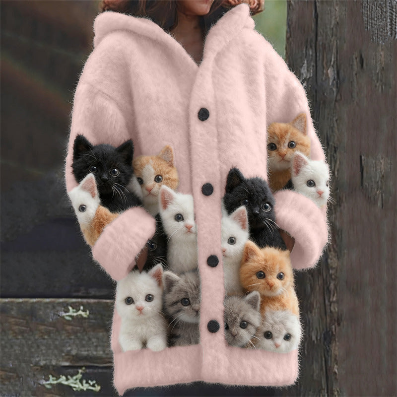 Womens Casual Hooded Cape With Cat Print