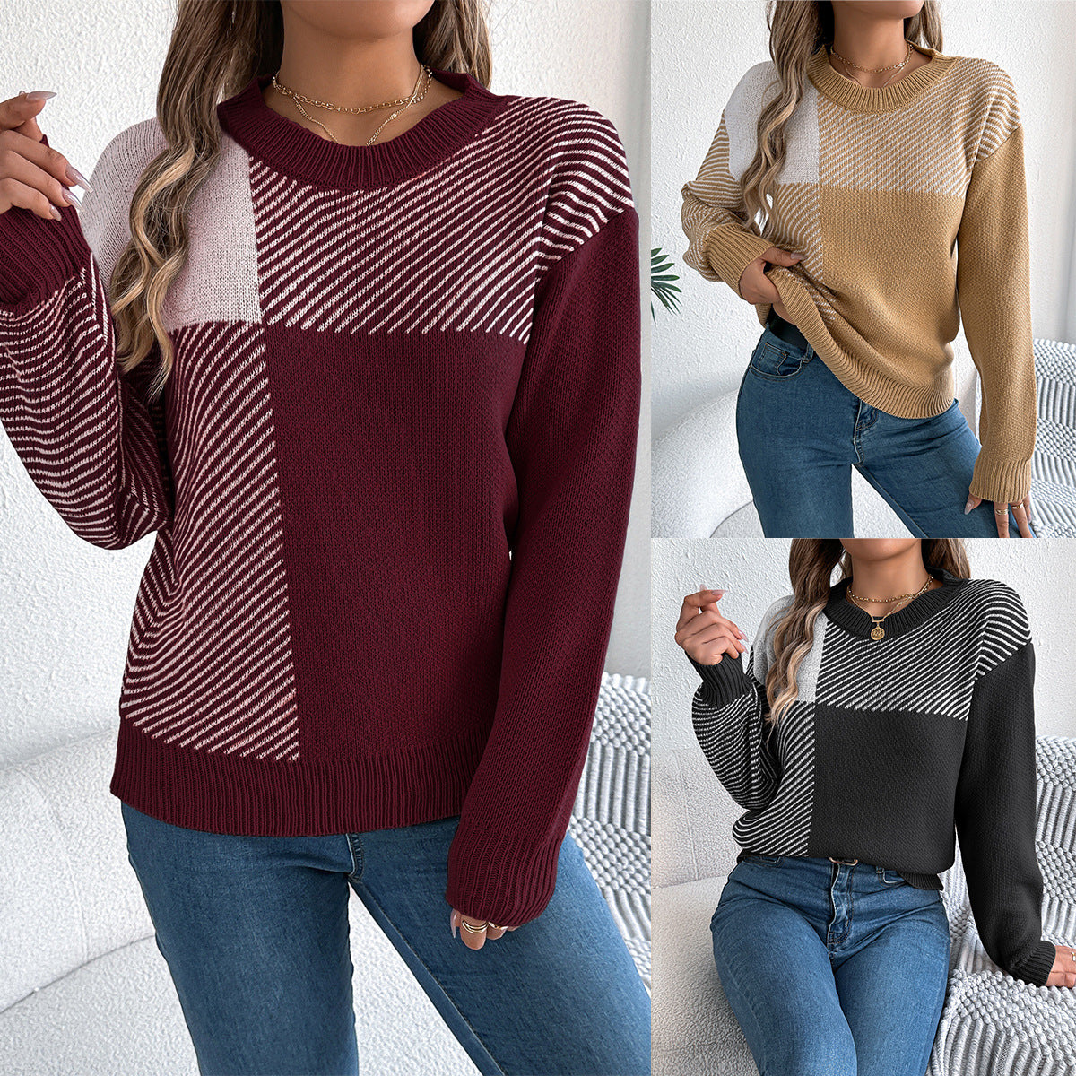 Casual Color-Block Plaid Long-Sleeve Pullover Sweater