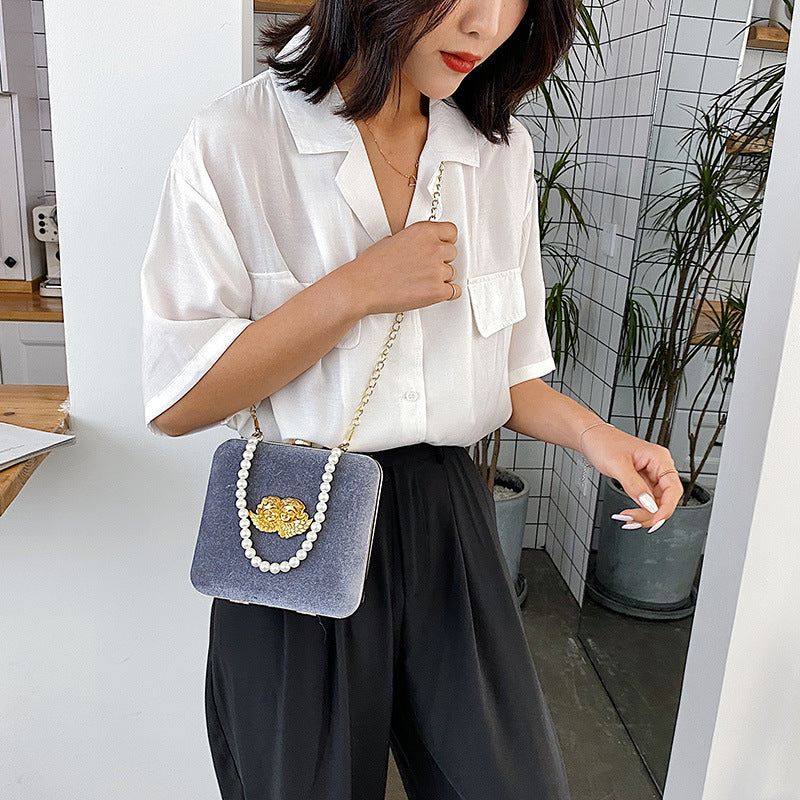 Fashion Red Velvet Pearl Chain Thin Chain Female Bag