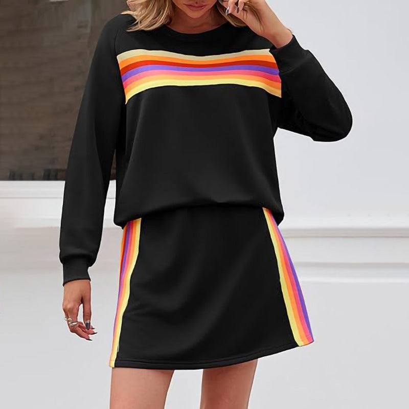 Simple Loose Rainbow Round Neck Sweater Trousers Two-piece Set