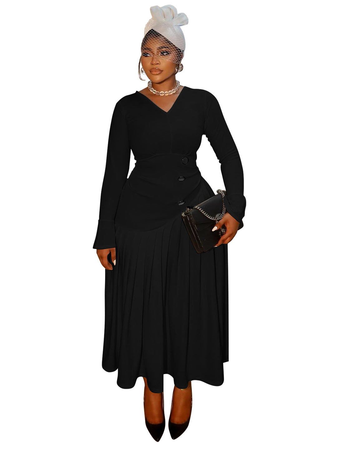 V-neck Waist-cinching Fashionable Pleated Maxi Skirt