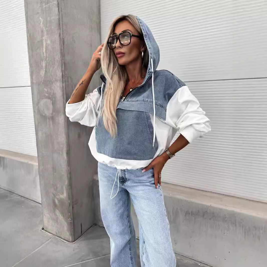 Mode løs afslappet vasket denim syning hætteklædt damesweater