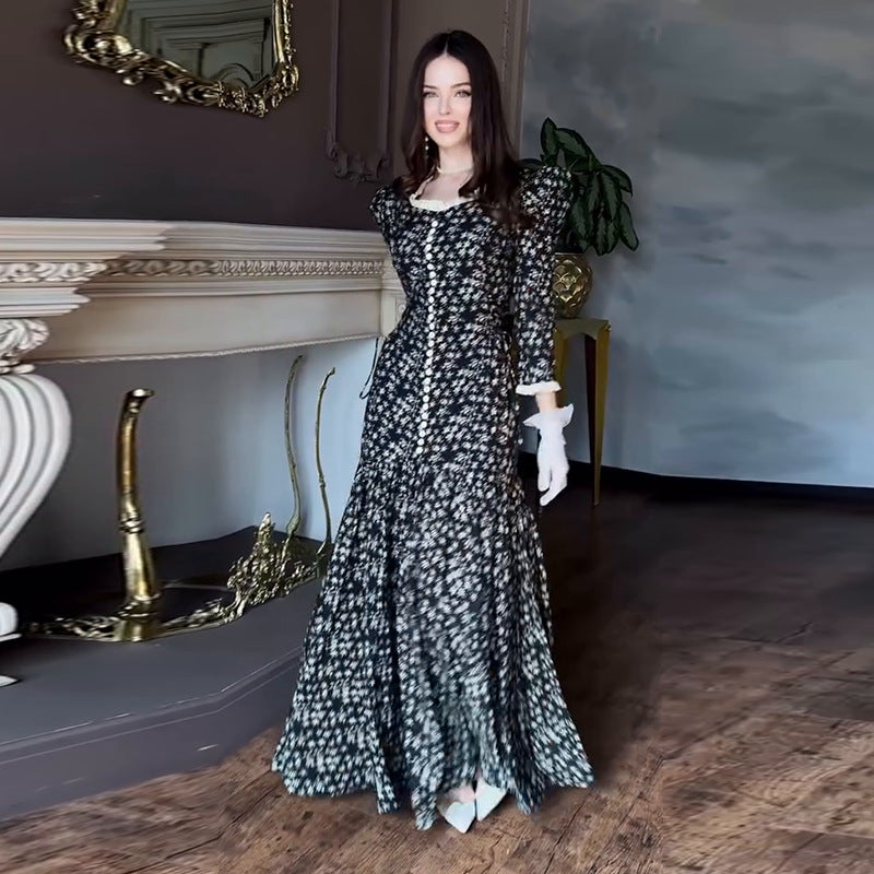 Womens Pearl Single-Breasted Slim-Fit Ruffle-Trim Printed Maxi Dress