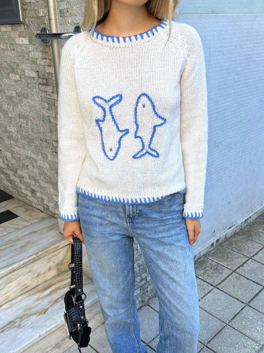 Color-block Crew-neck Retro Embroidered Loose-fitting Pullover Sweater