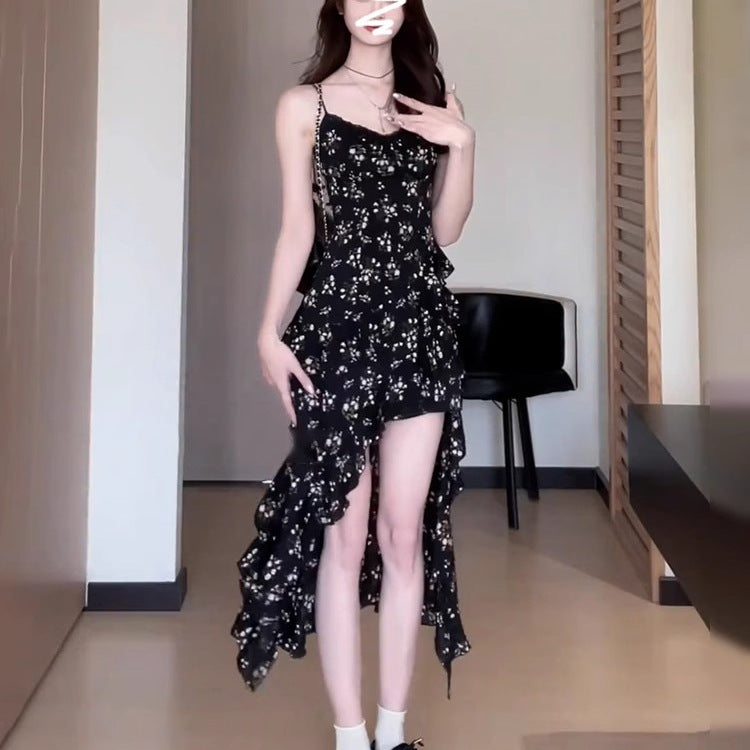 Black Floral Slip Dress Asymmetrical Midi Skirt