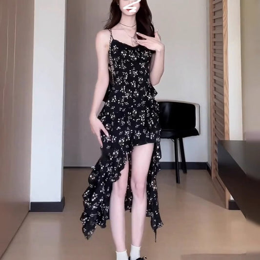Black Floral Slip Dress Asymmetrical Midi Skirt
