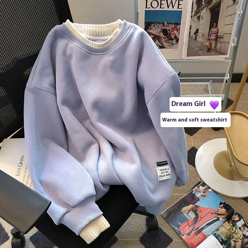 Round-neck With Fleece Lining Thick Fake Two Pieces Long Sleeve Loose Sweatshirt