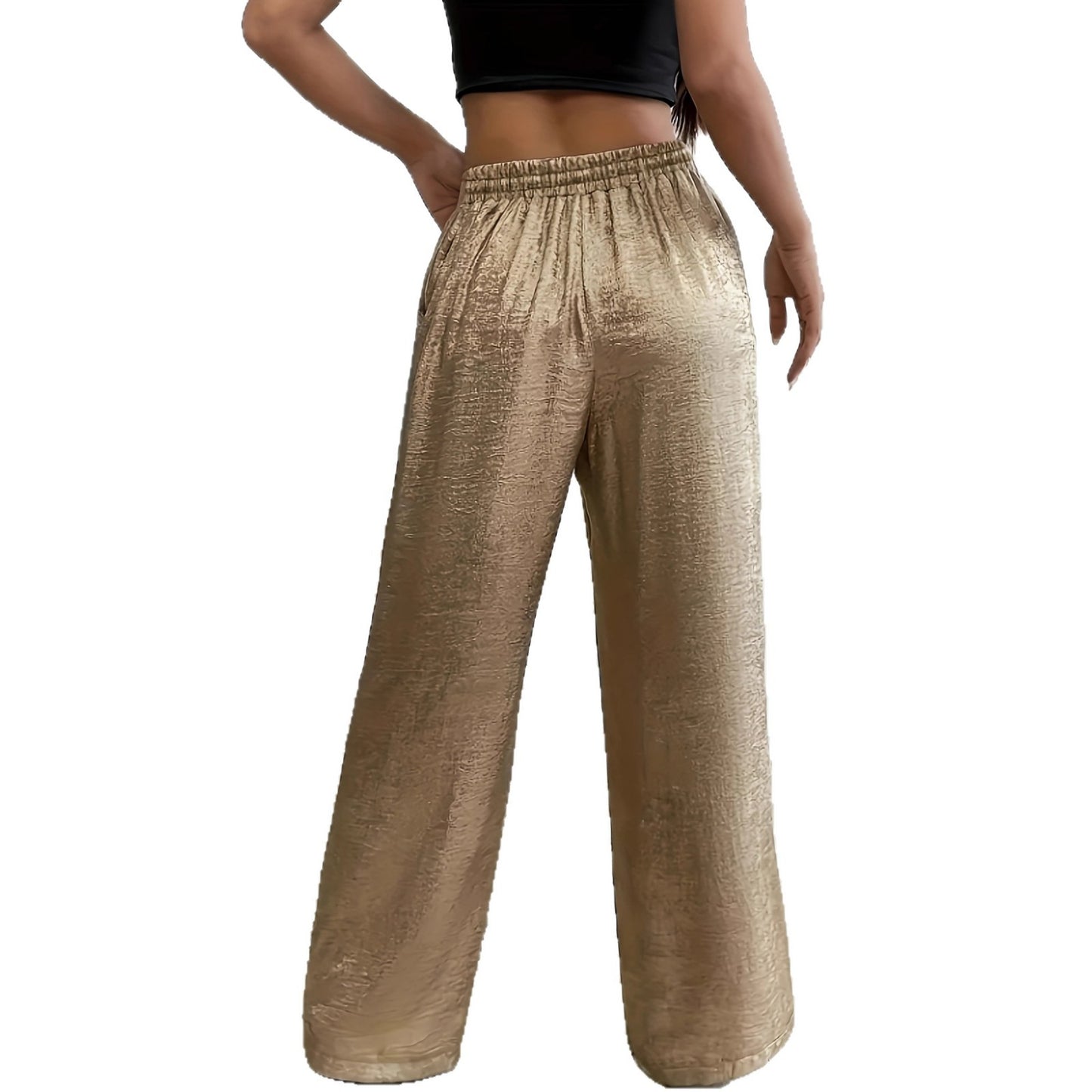 Stylish Straight-Leg Pants With Gold-Stamped Sequins And A Drawstring