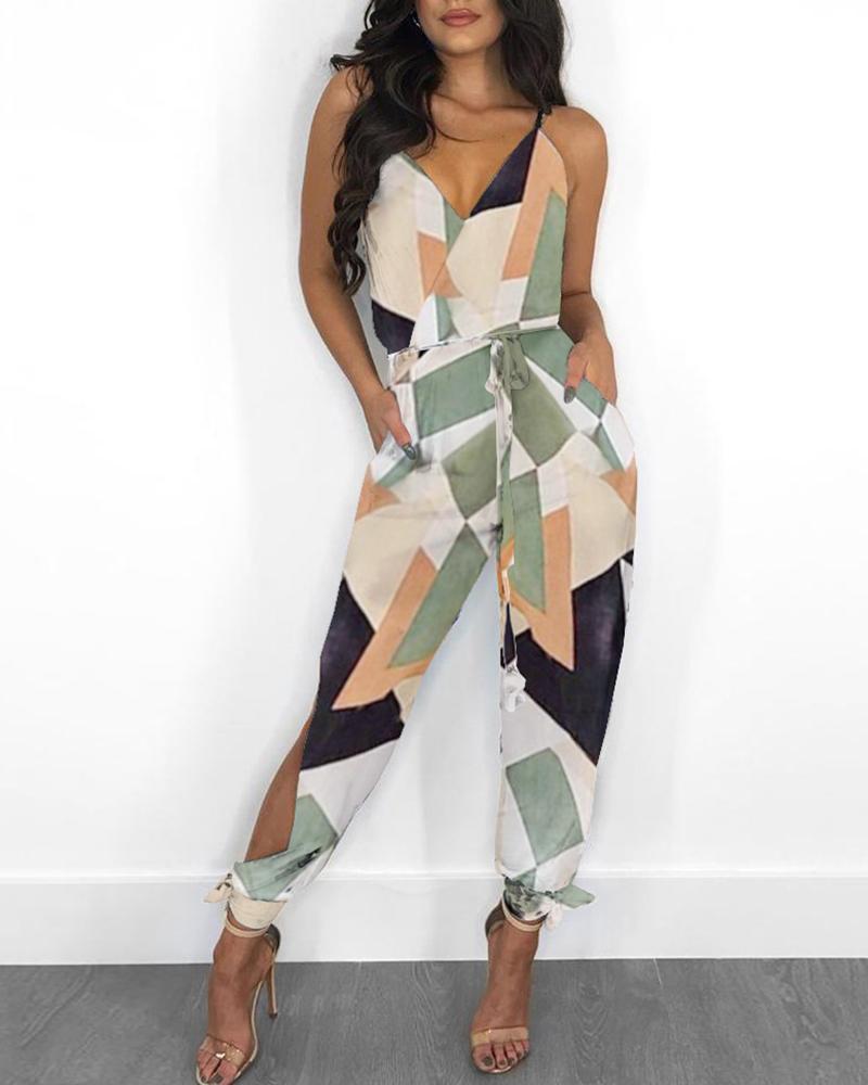 Printed Sleeveless Slit Tie V-Neck Women's Jumpsuit