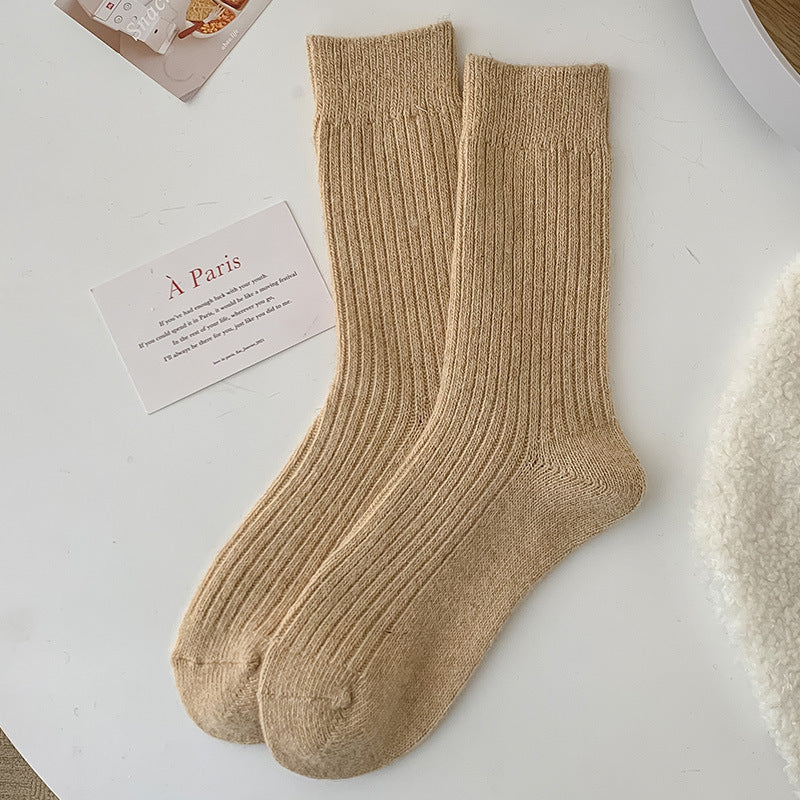 Solid-color Vertical-striped Wool Womens Socks For Fall And Winter