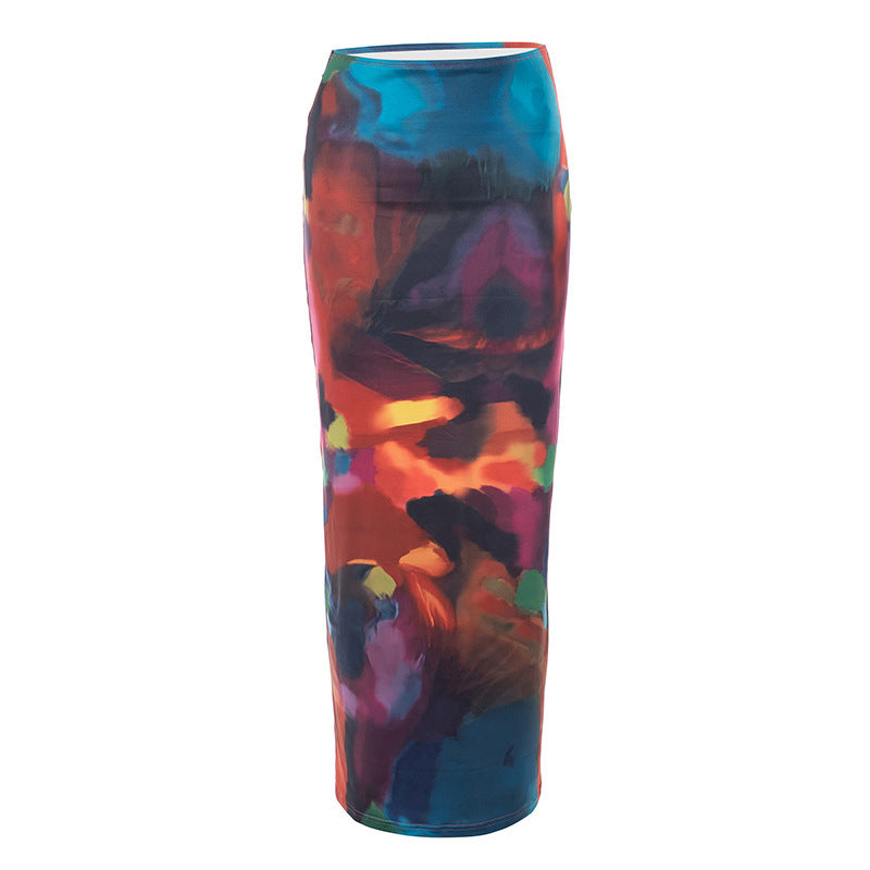Casual Painted Print Bare Midriff Slim Fit Sheath Long Skirt