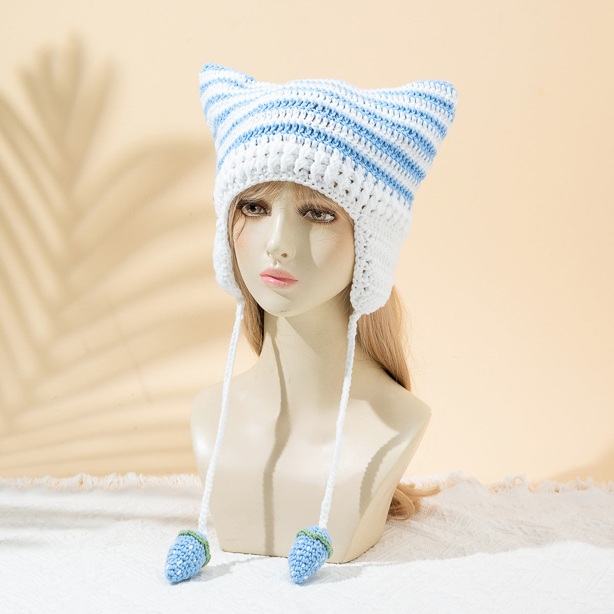 Women's Japanese Funny Little Devil Cat Ears Striped Knitted Woolen Cap