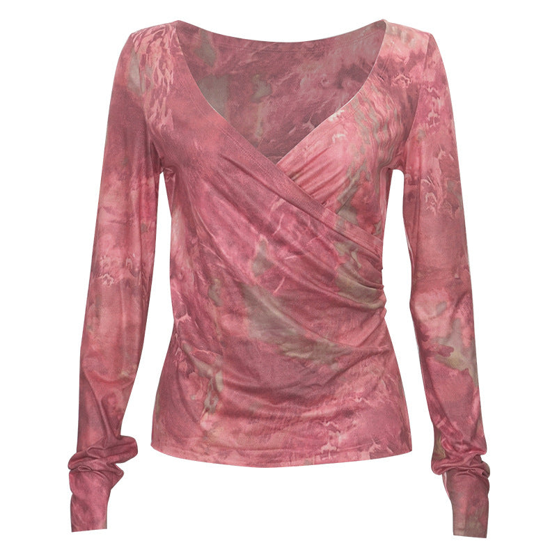 Purple Ombre V-neck Pleated Waist-slimming Long-sleeve Women's T-shirt