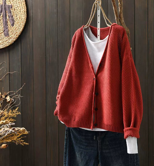 Grænseoverskridende Tidlig Efterår Ny Afslappet Alsidig Ensfarvet V-hals Langærmet Enkeltradet Strikket Cardigan Sweater