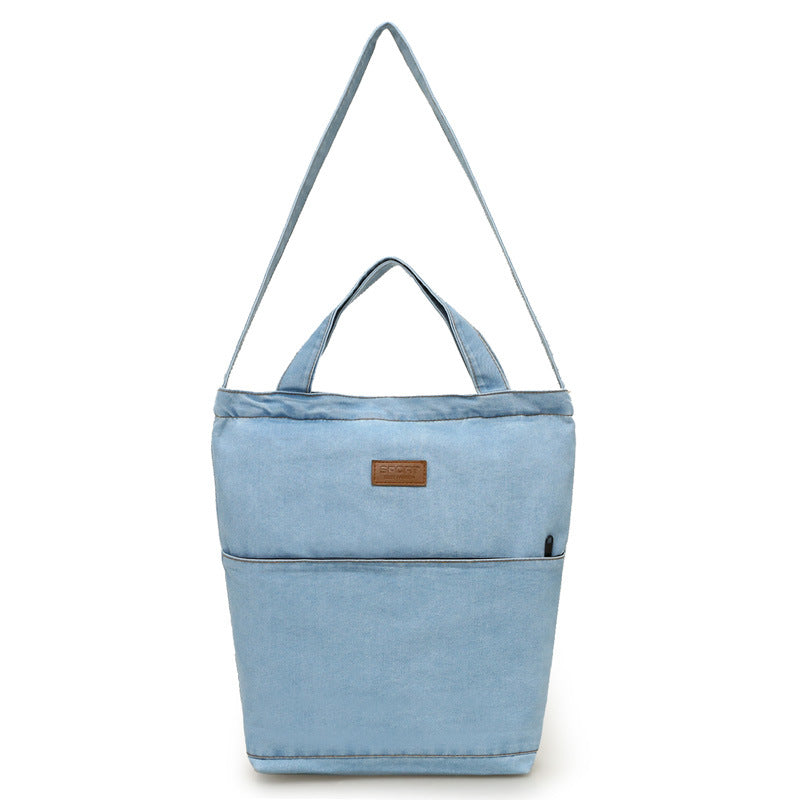 Retro skuldertaske i kanvas og denim til shopping