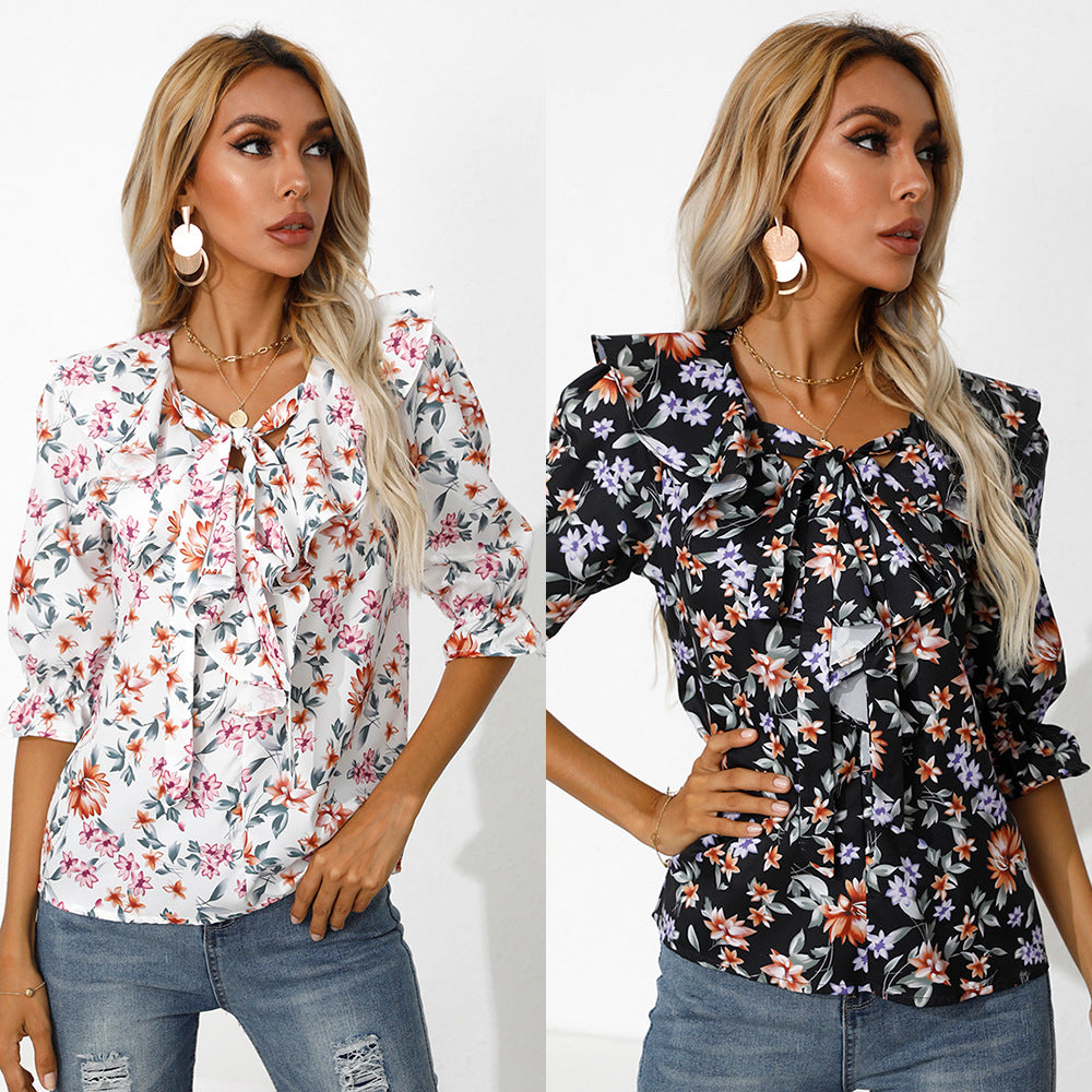 V-neck Printed Half-sleeve Shirt