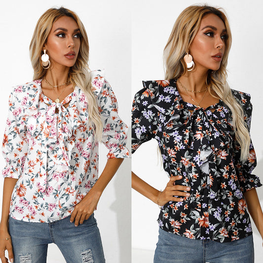 V-neck Printed Half-sleeve Shirt