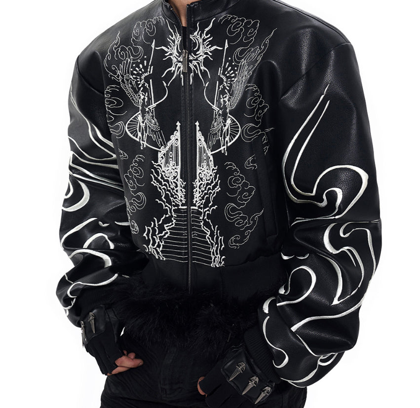 Design Back Embroidery Short Leather Coat