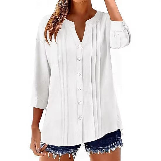 Pleated Casual Solid-Color Loose Cotton-Linen Shirt