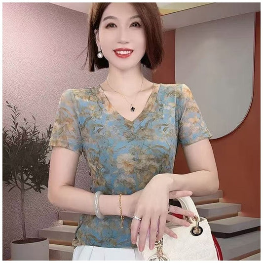 New V-neck Slimming Short Sleeve Floral Bottoming Top Temperament Women