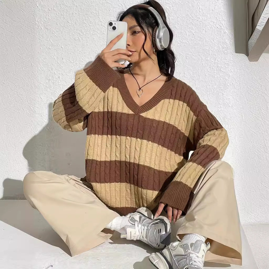 Contrast Color V-neck Loose-fitting Long Sleeve Sweater Women