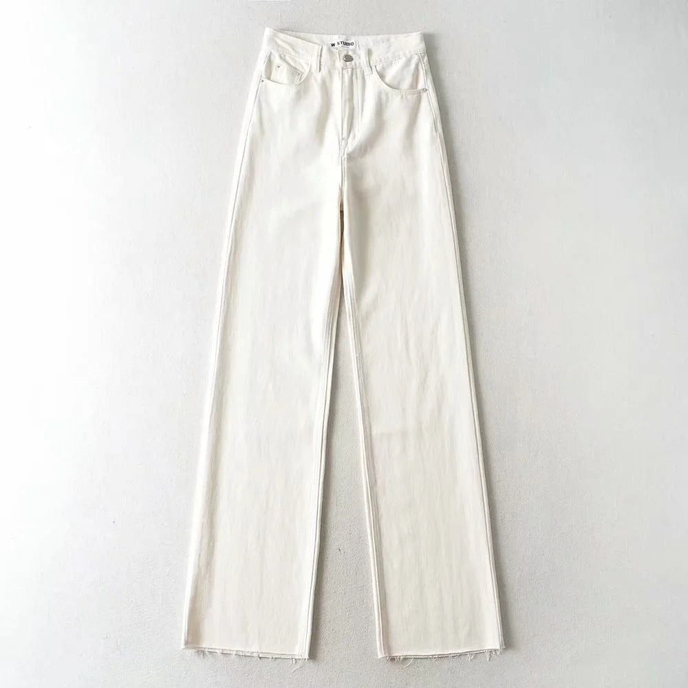 Mopping And Frayed Denim Trousers New High-waisted Loose-fitting Thin Straight And Wide-legged