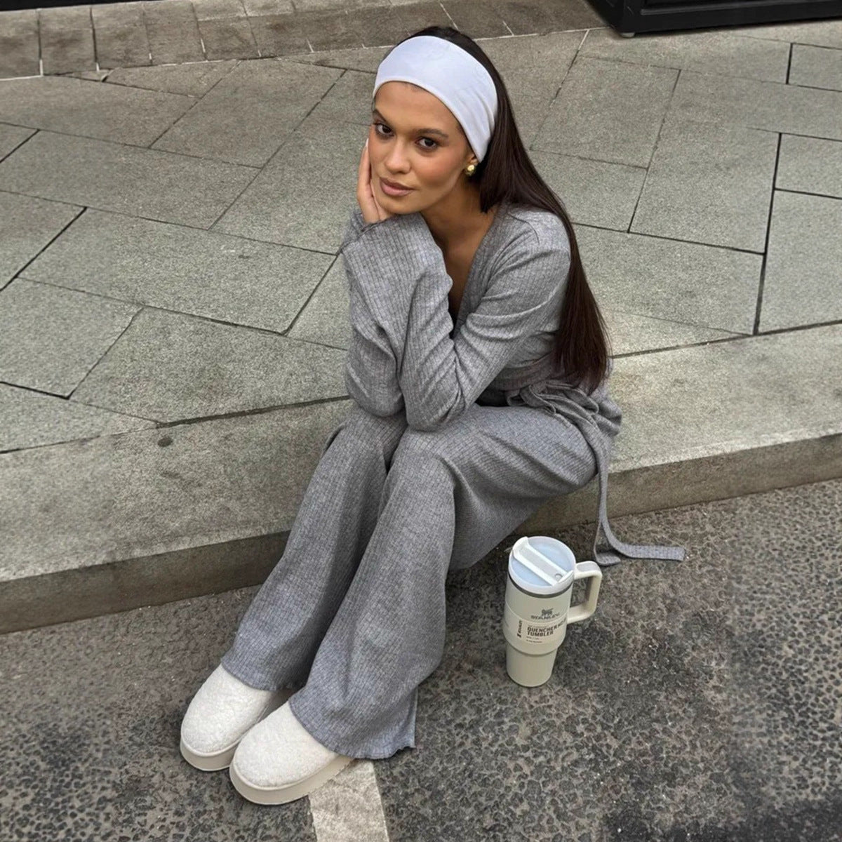 V-neck Knitted Ribbed Lace-up Long-sleeve Pants Two-piece Set