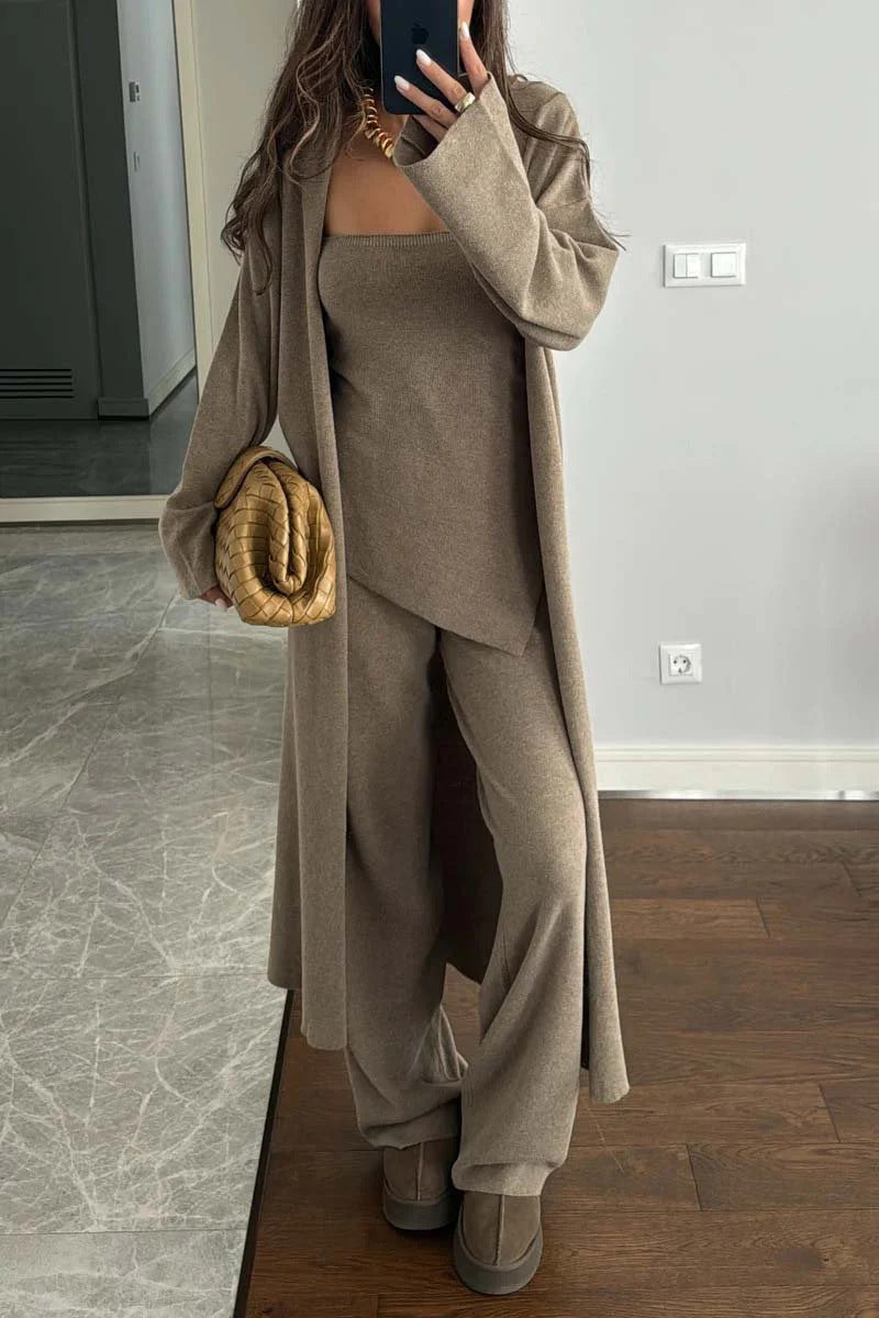 New Style Casual Solid Color Knitted Three-Piece Set Loose Long Coat And Wide-Leg Pants For Women