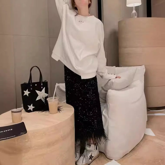 Fashion Women's Velvet Feather Tassel Long Dress