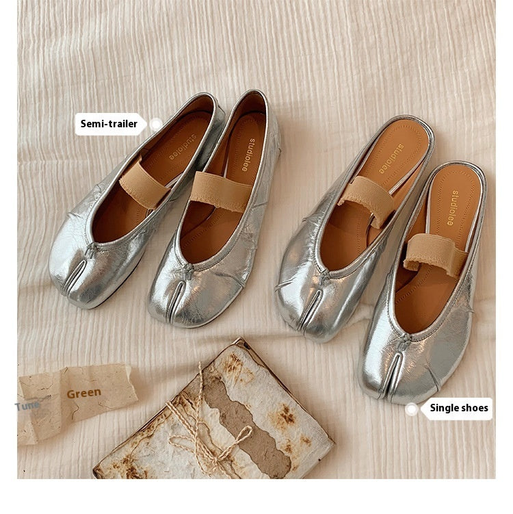 New Fashionable Shallow Mouth Soft Bottom Sheepskin Flat Split Toe Pumps