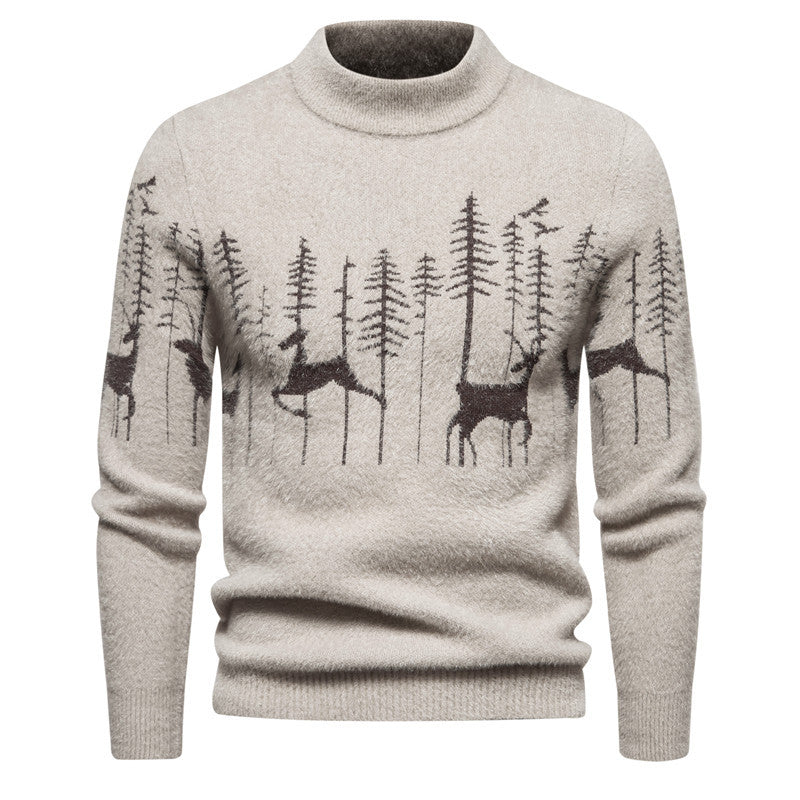 Herre striktrøje til efterår/vinter, slim underdel, trendy rundhalset pullover med julehjorteprint
