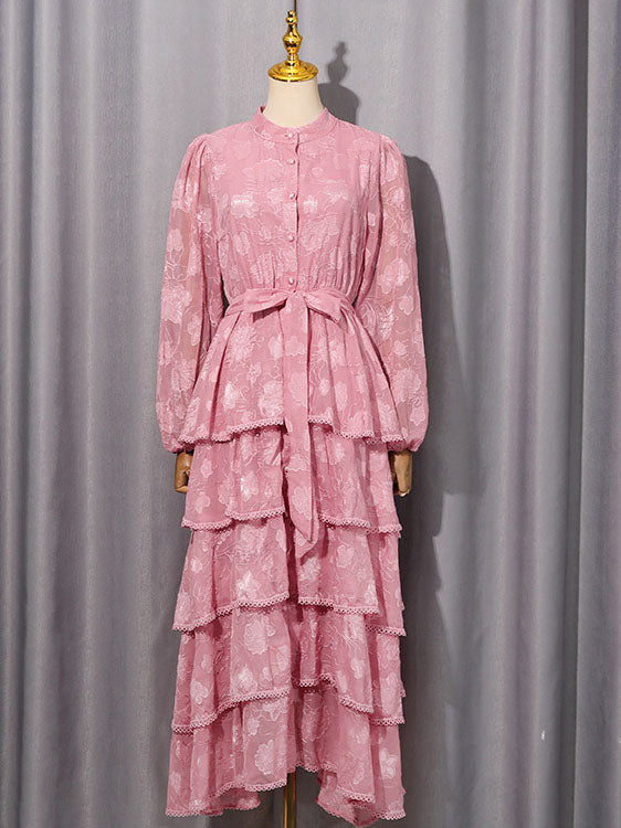 Round Neck Long Sleeve Lace Embroidered Long Cake Dress