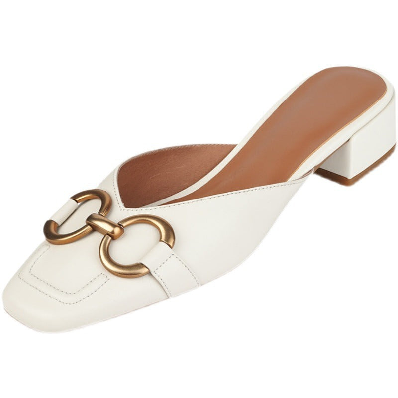 Women's Square Head Horsebit Medium Chunky Heel Half Slippers