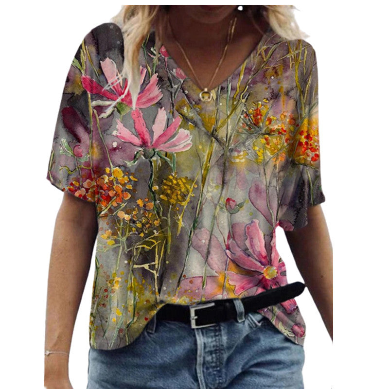 Butterfly Print Short Sleeve V-neck Ladies Loose